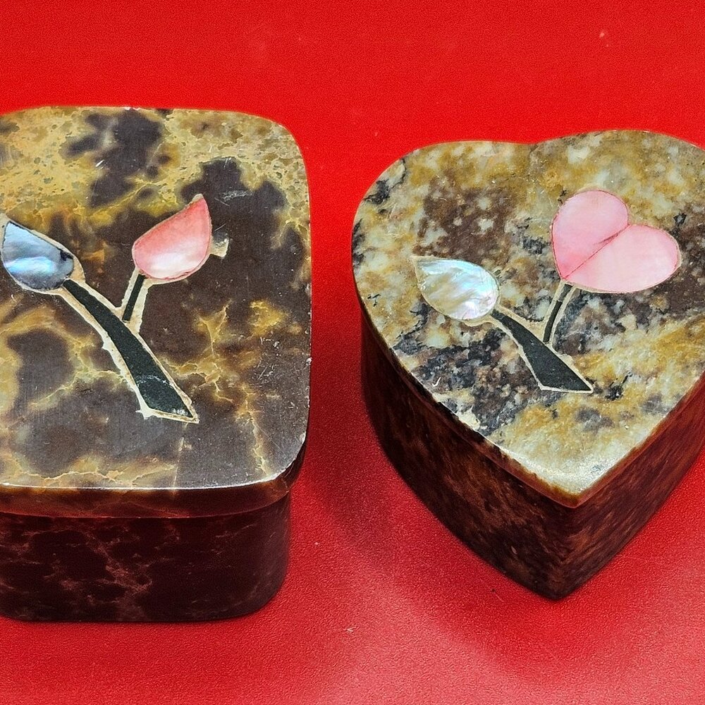 two soapstone trinket boxes with inlay flowers made in India